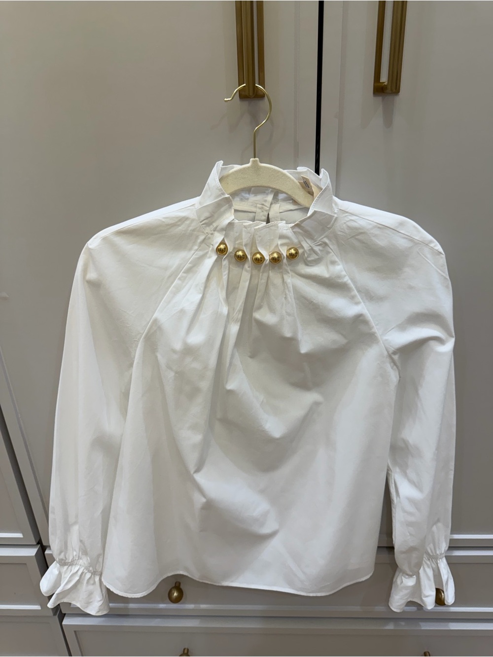 Sezane White Ruffled Collar Blouse with Gold Buttons